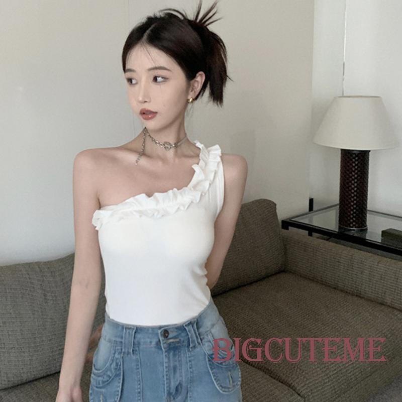 [] Áo Crop Top Không Tay Một Bên Vai Có Gân Ôm Dáng Màu Trơn Mùa Hè Cho Nữ