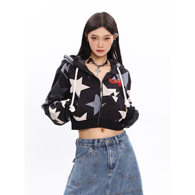 Ccupspace Áo Khoác sweater Có Khóa Kéo Đôi In Hình Ngôi Sao Phong Cách Mỹ Thời Trang Mùa Thu Cho Nữ Lvg
