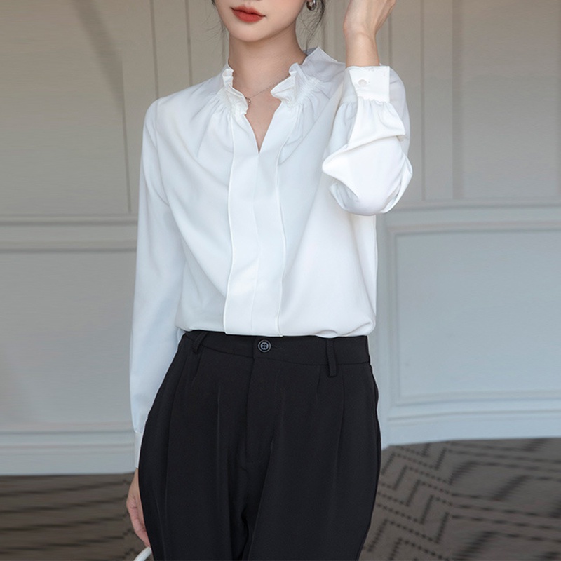 IELGY    Áo Sơ Mi Cổ Chữ v Viền Bèo Nhún Màu Trơn Phong Cách Pháp Thanh Lịch Cho Nữ