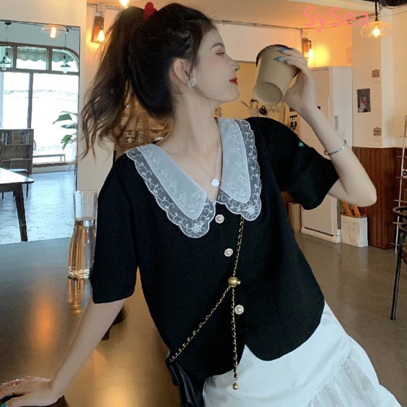 Plus Áo Sơ Mi Ngắn Tay Cổ Búp Bê Kèm Quần Ngắn Thiết Kế Thời Trang Pháp Cho Nữ