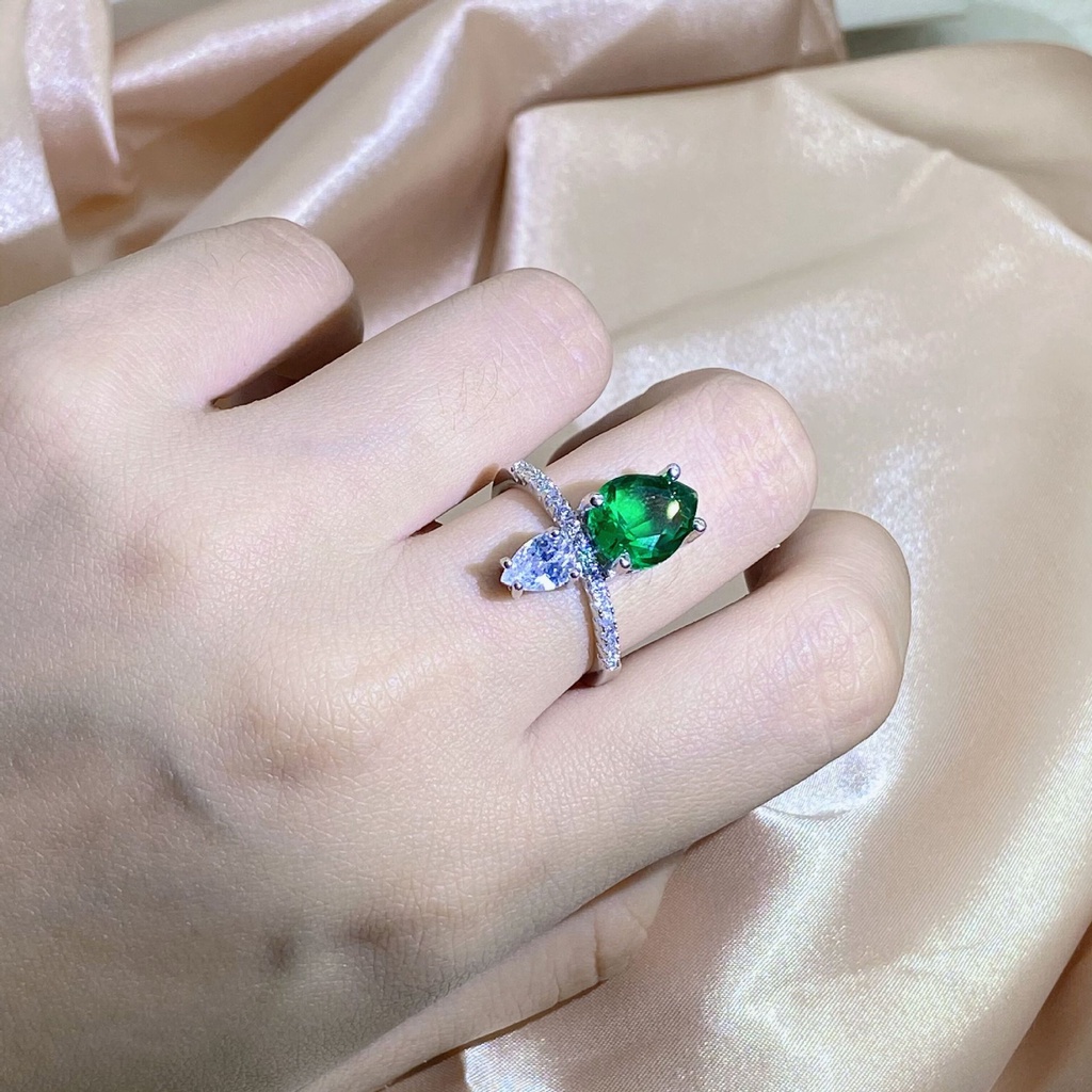 ♥Nhẫn Mạ Bạc Đính Đá Pha Lê Xanh Hình Giọt Nước Thời Trang Cao Cấp