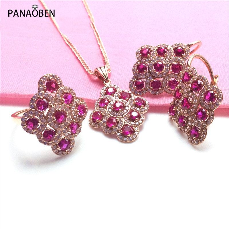 Phụ Kiện Cho PANAOBEN Chất Lượng Cao♥ Bộ Vòng cổ + Bông Tai + Nhẫn Mạ Vàng Hồng 14K Đính Đá Hồng Ngọc 585 Sang Trọng Cho Nữ