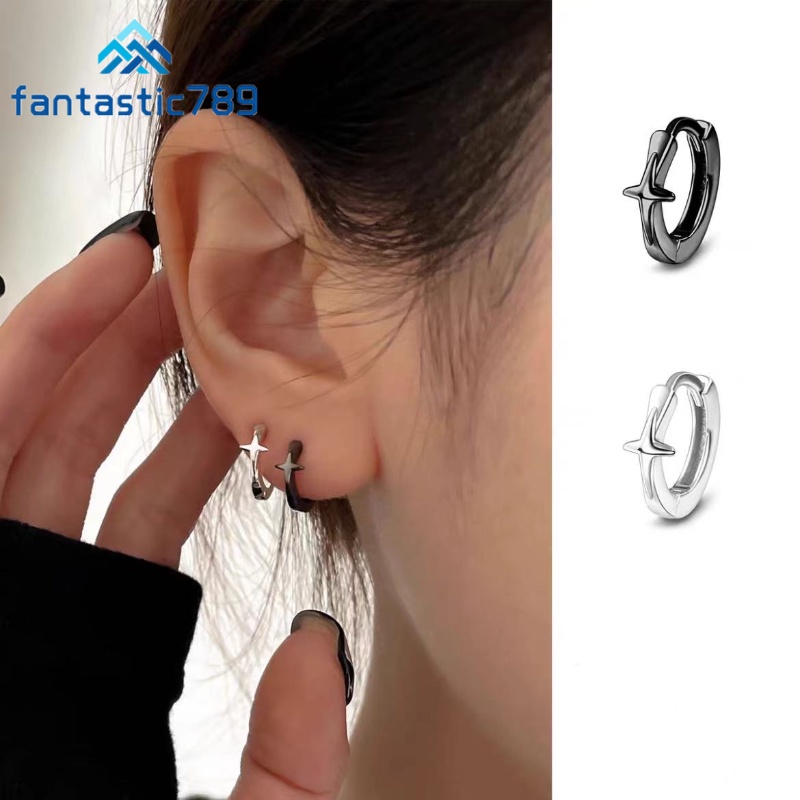 Khuyên Tai Bạc 925 Hình Tròn / Ngôi Sao Màu Đen Phong Cách Punk Tối Giản Fantastic789 Cho Nam Và Nữ