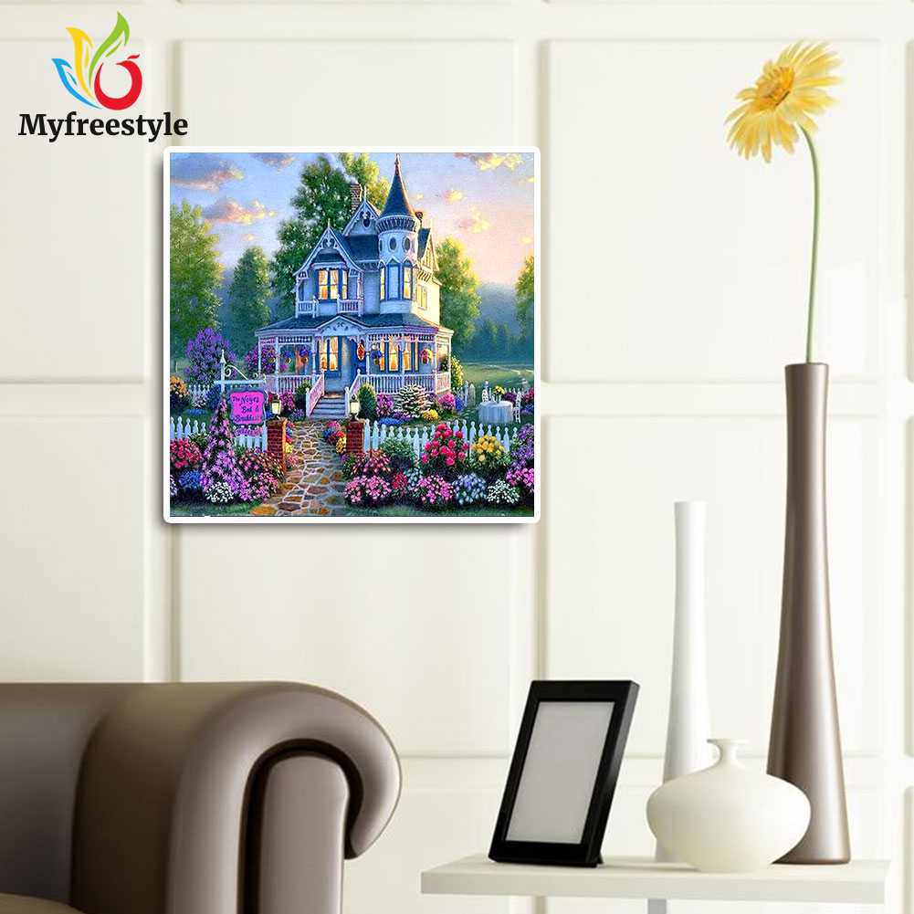 30*30cm Tranh Đính Đá Kim Cương Toàn Bộ Hình Vẽ Biệt Thự Hoa Diy