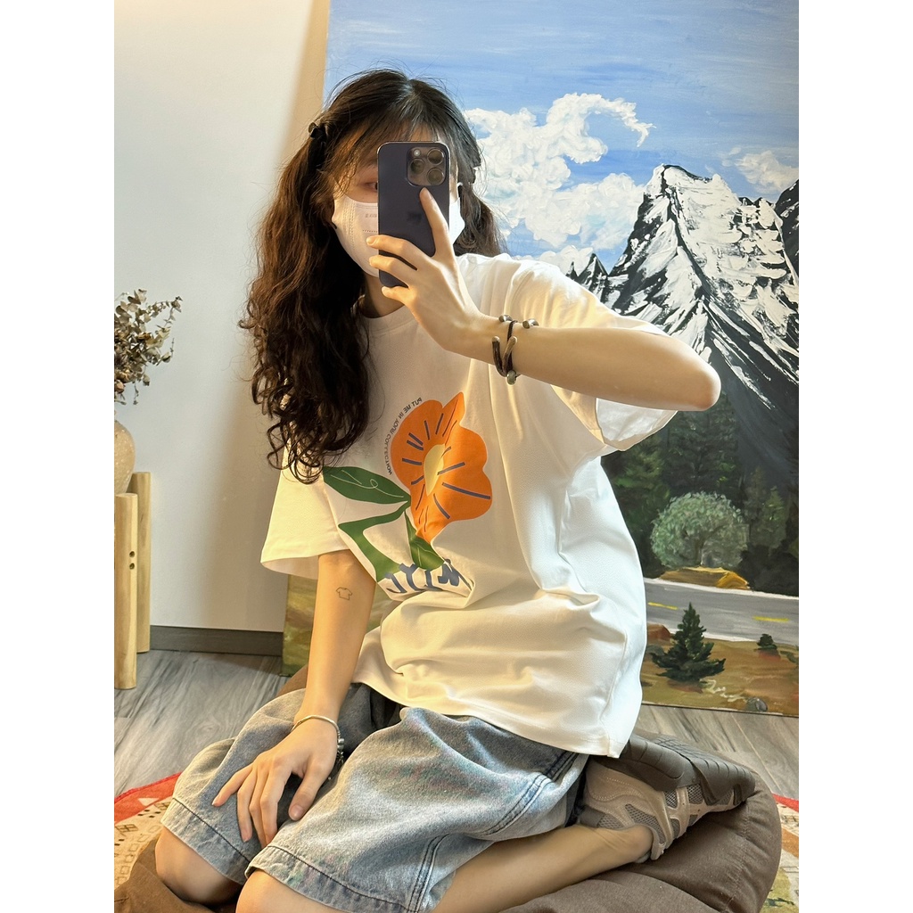 Áo Thun 100% cotton Màu Trắng Dáng Rộng In Họa Tiết Xinh Xắn Thời Trang Mùa Hè Cho Nữ 5101