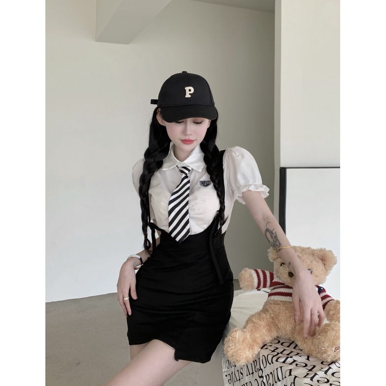 Set Áo Sơ Mi Tay Phồng + Váy Yếm + Cà Vạt + Áo Khoác Ngoài Thời Trang Dành Cho Nữ