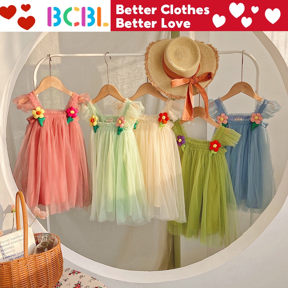 Đầm xòe tutu BCBL hai dây trang trí bông hoa xinh xắn dễ thương dành cho bé gái 1-5 tuổi