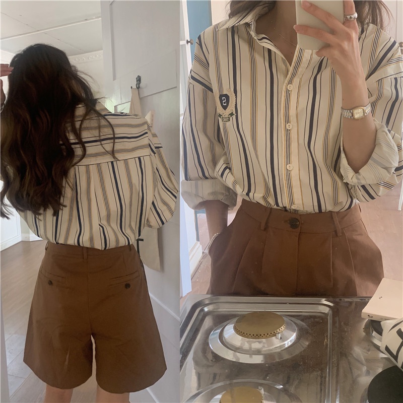 SUXI Áo Sơ Mi Nữ Dài Tay Kẻ Sọc Thời Trang Hàn