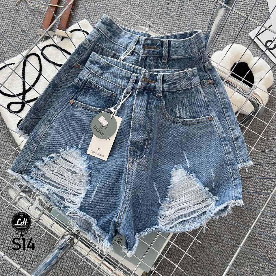 Quần short jean màu xanh cạp cao rách gối tưa lai cá tinh Lê Huy Fashion MS S14