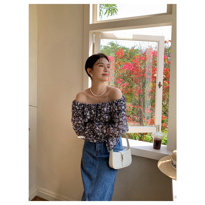 Áo Sơ Mi Tay Dài Dáng Rộng In Hoa Phối Bèo Cổ Buộc Dây Thời Trang Hàn Quốc Xinh Xắn Cho Nữ