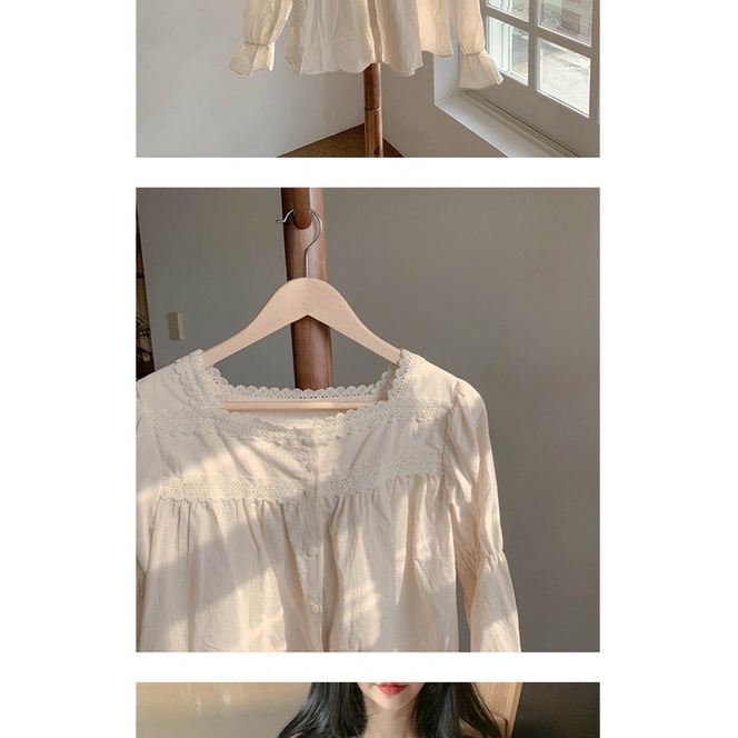 Áo Sơ Mi Dài Tay Cổ Vuông Phối Ren Nhẹ Nhàng Phong Cách Vintage Mùa Xuân Thu Dành Cho Nữ