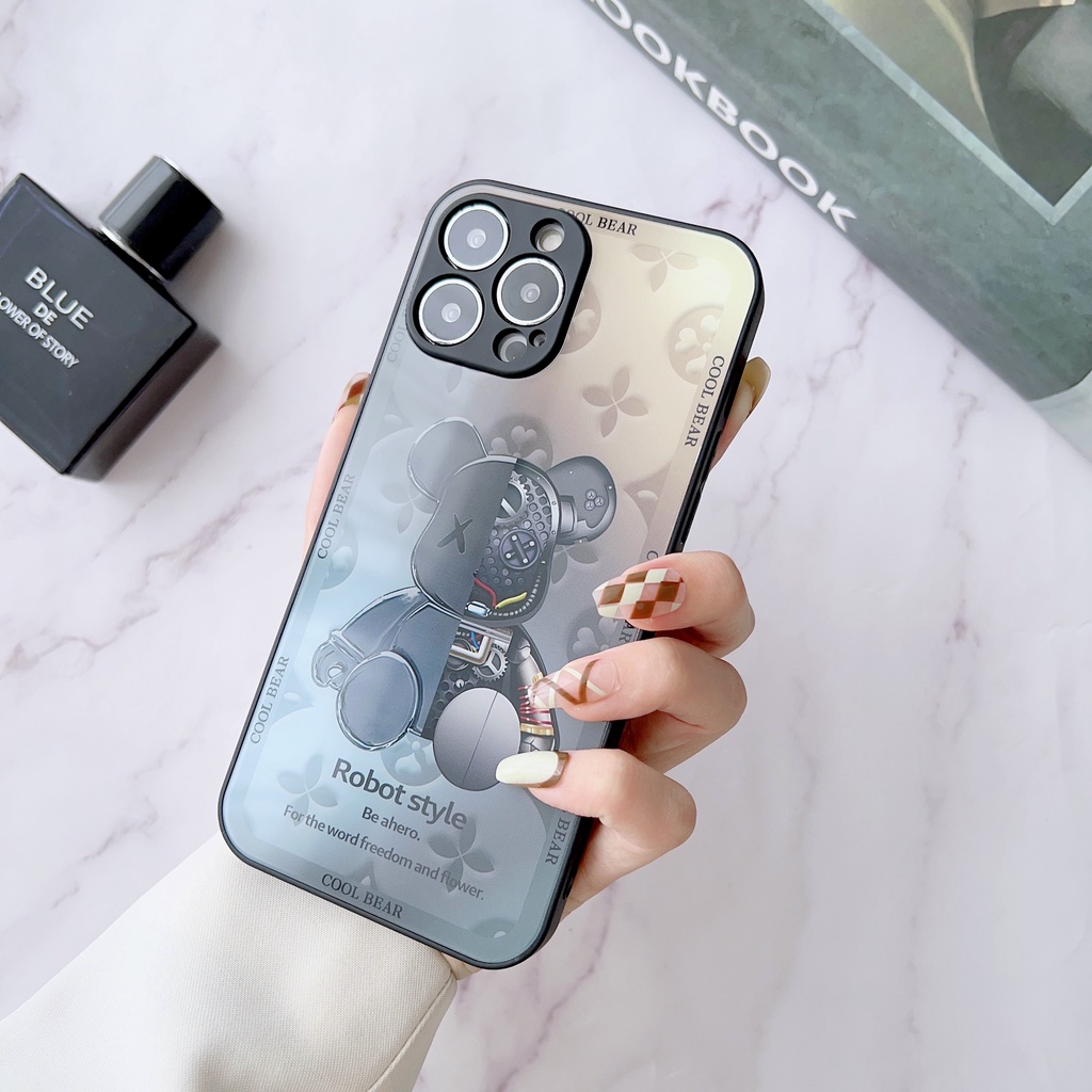 Ốp Điện Thoại Kính Cường Lực Viền tpu Dẻo In Hình Gấu Đơn Giản Thời Trang Cho iPhone 14 13 12 11 PRO MAX XR XS 7 8Plus