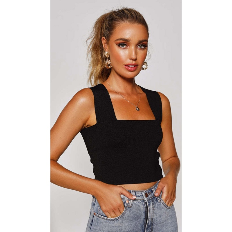 Áo Croptop Dệt Kim Không Tay Cổ Vuông Lưng Trần Gợi Cảm Cho Nữ