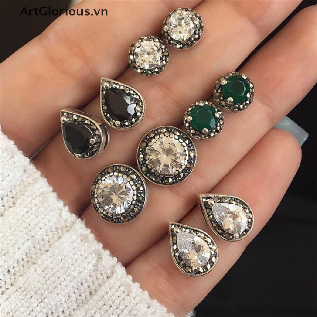 Set 5 Đôi Bông Tai Đính Đá Hình Giọt Nước Phong Cách Boho