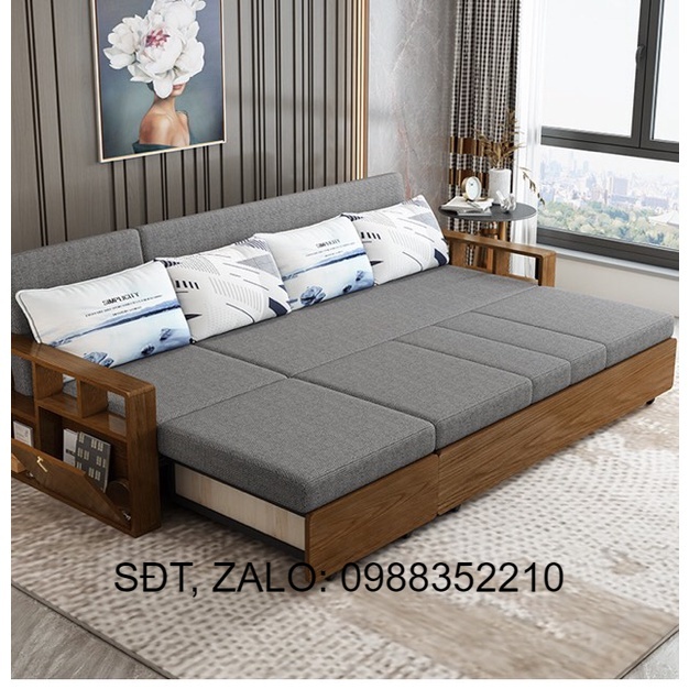 Giường sofa gấp gọn tay gỗ, khung kim loại sơn tĩnh điện kết hợp tủ đồ bên cạnh