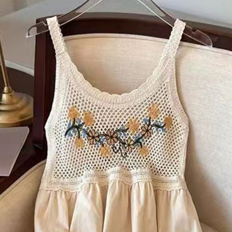 Đầm Cổ Tròn Họa Tiết Kẻ Sọc Thêu Hoa Phong Cách Bohemian Thời Trang Mùa Hè Cho Nữ