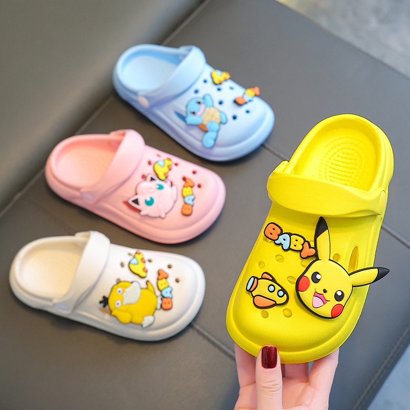 Dép sandal Đế Bệt Chống Trượt Có Lỗ Thoáng Khí Hình Pikachu Mùa Hè Cho Bé Trai Và Bé Gái