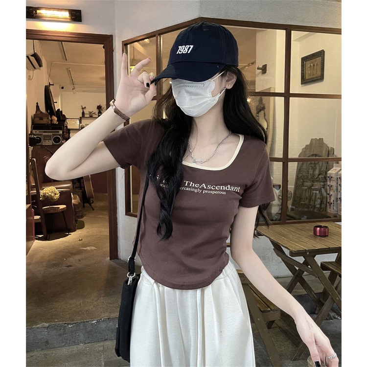 COZOK Áo Thun Ngắn Tay Cổ Vuông Thiết Kế Lệch Tà Thời Trang Cho Nữ