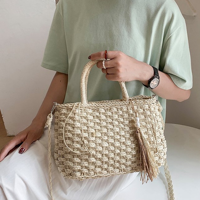 Túi Xách Đan Lát Sức Chứa Lớn Phối Tua Rua Phong Cách Hàn Quốc Cho Nữ