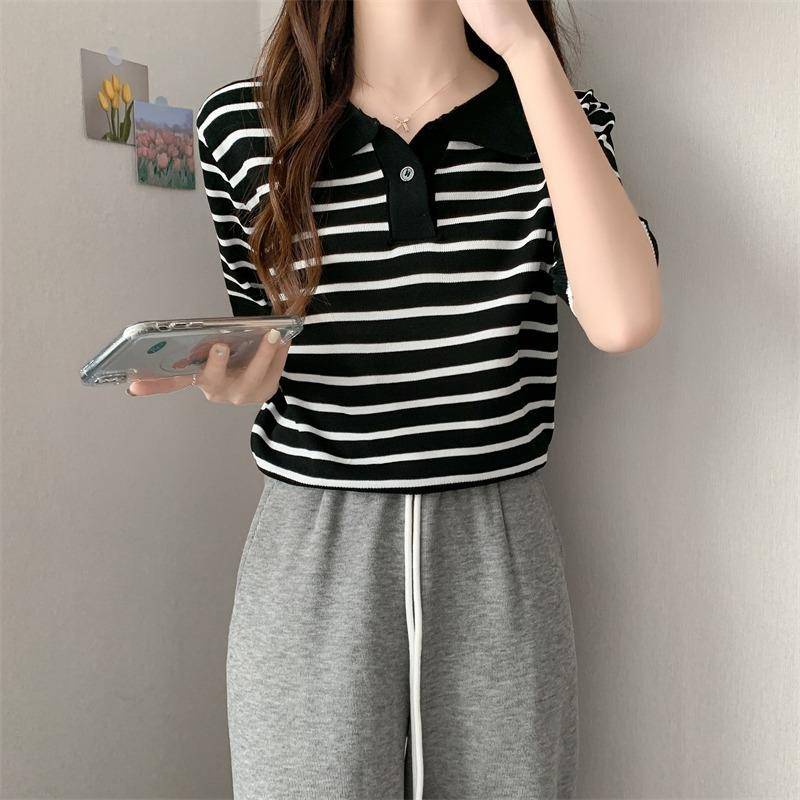 K. Style áo phông nữ cổ polo tay ngắn kẻ sọc đen trắng phong cách Hàn Quốc áo thun cổ sơ mi