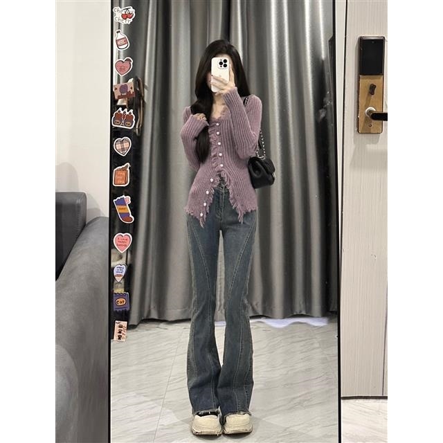 Áo Sweater Cổ V Dáng Ôm Màu Tím Thời Trang Thu Đông Cho Nữ
