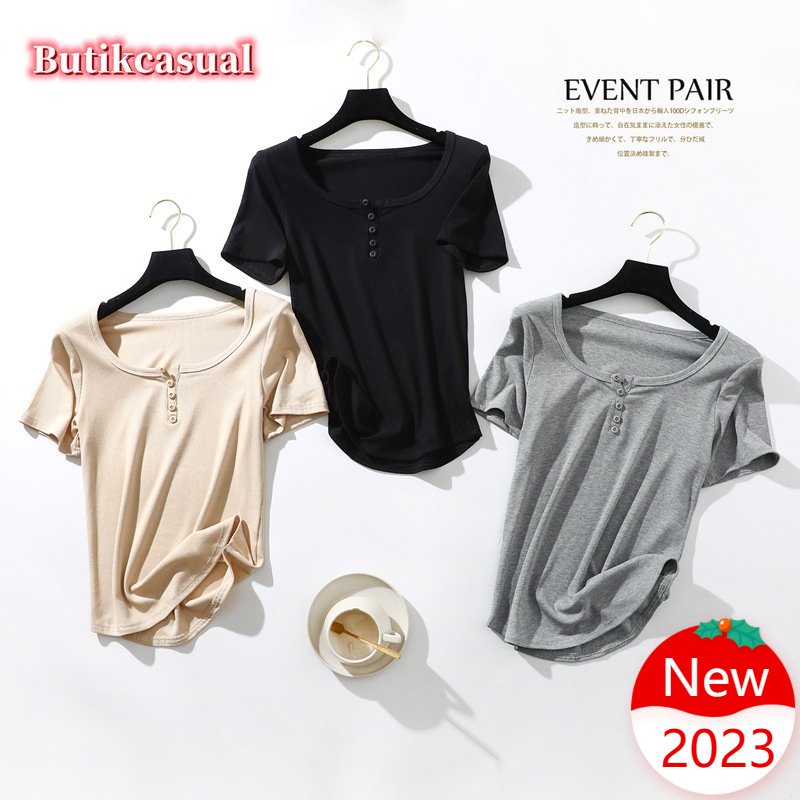 Áo Thun cotton Mỏng Tay Ngắn Cổ Tròn Dáng Rộng Cài Nút Thời Trang Mùa Hè Cho Nữ