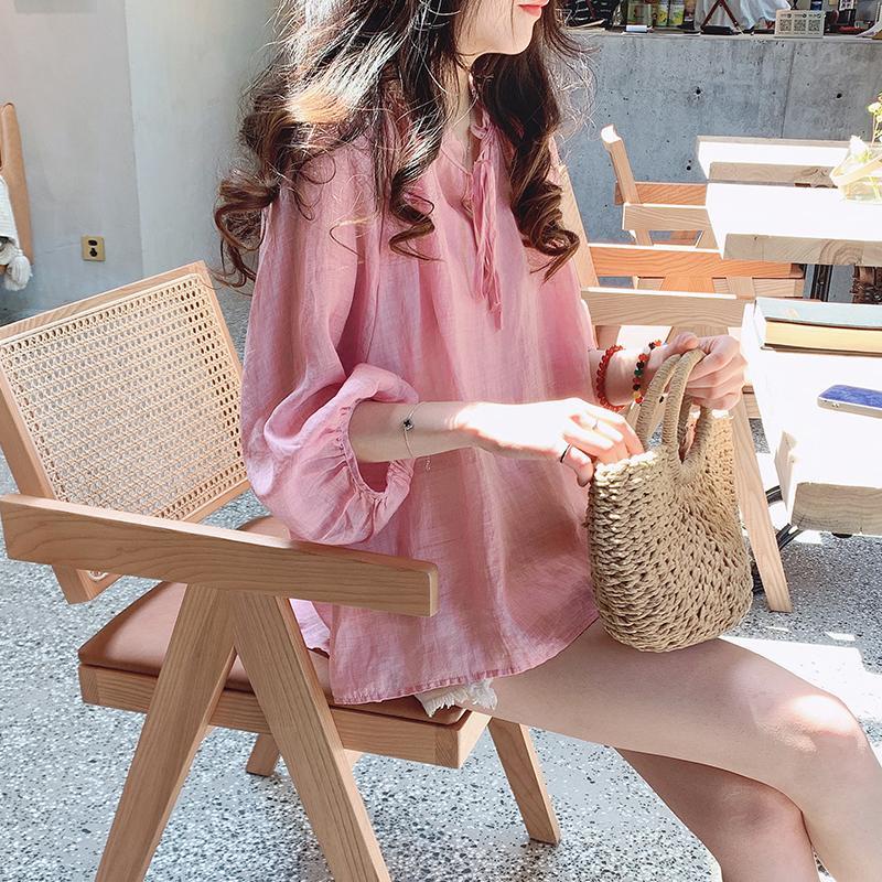 ICE cotton and linen top doll shirt cropped sleeve niche Korean style women's summer loose large size high-end cotton and linen shirt T-shirt