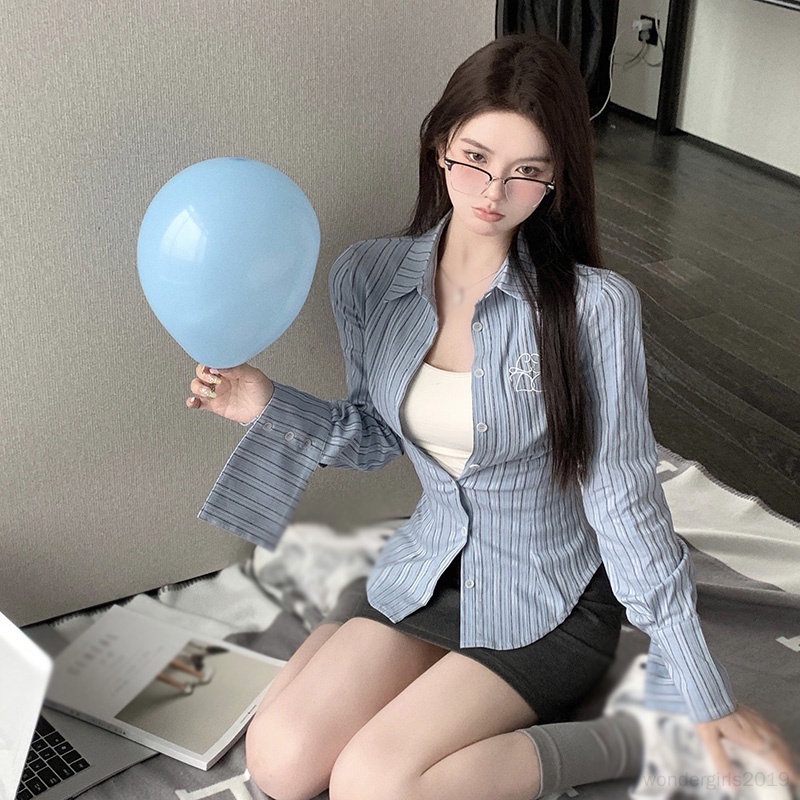 Áo Sơ Mi Chiffon Tay Dài Dáng Ôm Kẻ Sọc Kiểu Hàn Quốc Xinh Xắn