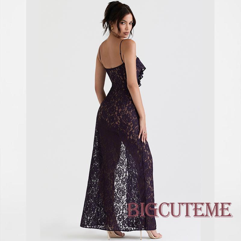 [] - Đầm Dài Hai Dây Phối Ren Hoa Xẻ Tà Gợi Cảm Đi Tiệc Mùa Hè Cho Nữ