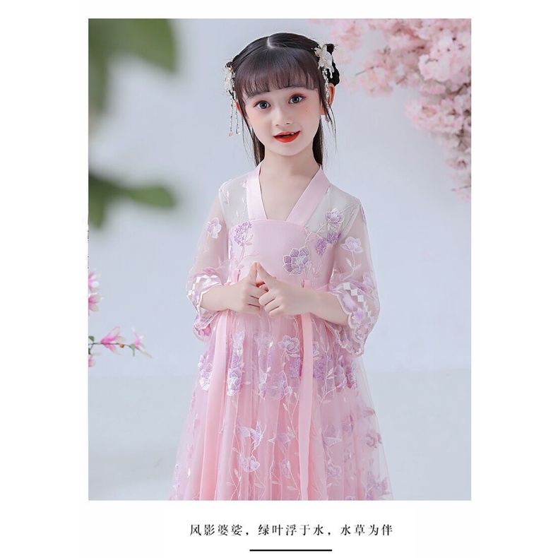 Đầm Bé Gái Mùa Hè 2023 Váy Thời Trang Mới Hanfu Công Chúa Hoa Anh Đào Trẻ Em