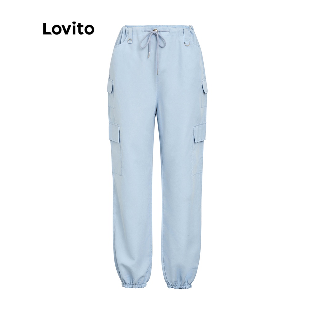 Quần Lovito Casual Trơn Có Túi Thắt Lưng Dây Rút Cho Nữ L36AD045 (Xanh Dương)