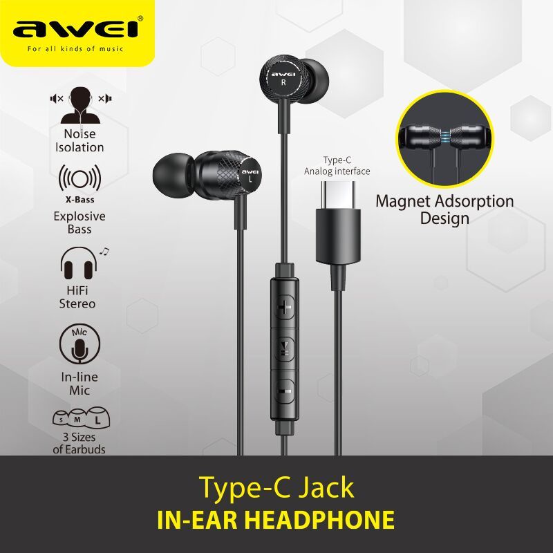 Awei TC-5 Type C Plug Wired Earphone In Ear Earbuds Stereo Bass Sound Earphone With Mic