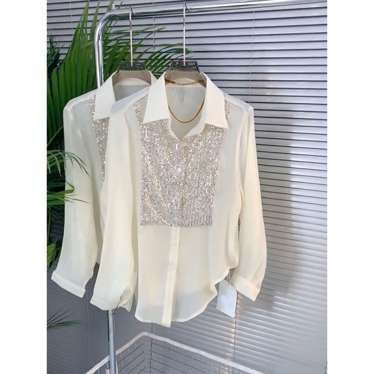 Áo Sơ Mi Chiffon Tay Dài Đính Kim Sa Lấp Lánh Phong Cách Pháp Thiết Kế Mới 2023 Cho Nữ