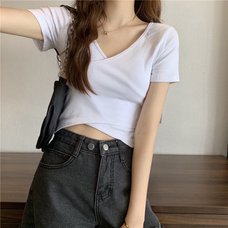 Áo thun nữ trơn vạt chéo croptop hở eo MS31