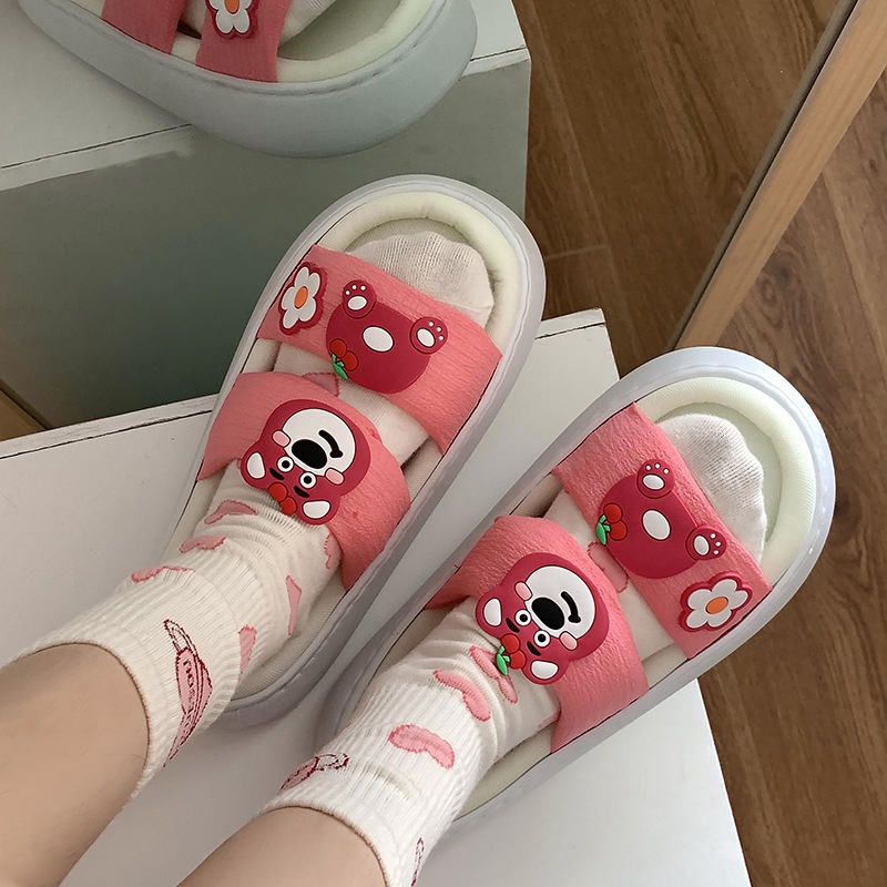 Dép Quai Ngang Đế Dày Gọn Nhẹ In Họa Tiết Hoạt Hình Phong Cách Hàn Quốc Xinh Xắn Cho Nữ