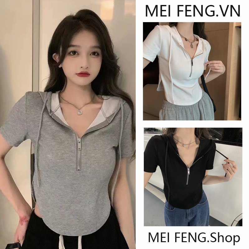 Áo Thun Ngắn Mỏng Có Mũ Trùm Và Khóa Kéo Phong Cách Mùa Hè Mới Cho Nữ