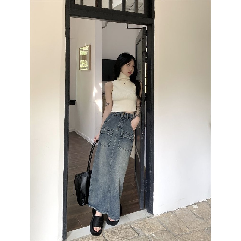 IMAODOU Chân váy denim  dài lưng cao dáng rộng màu xanh dương thời trang xuân hè cho nữ