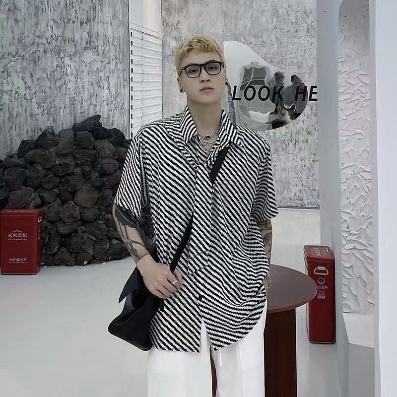 Áo Sơ Mi Tay Ngắn Dáng Rộng Họa Tiết Kẻ Sọc Phong Cách Harajuku Thời Trang Mùa Hè Cho Nam