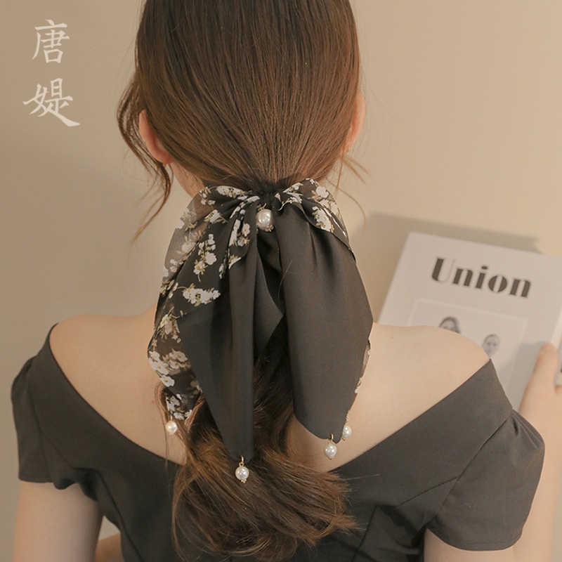 Kẹp Tóc Đuôi Ngựa Đính Ngọc Trai Và Ruy Băng Dài Phong Cách Hàn Quốc Cho Nữ