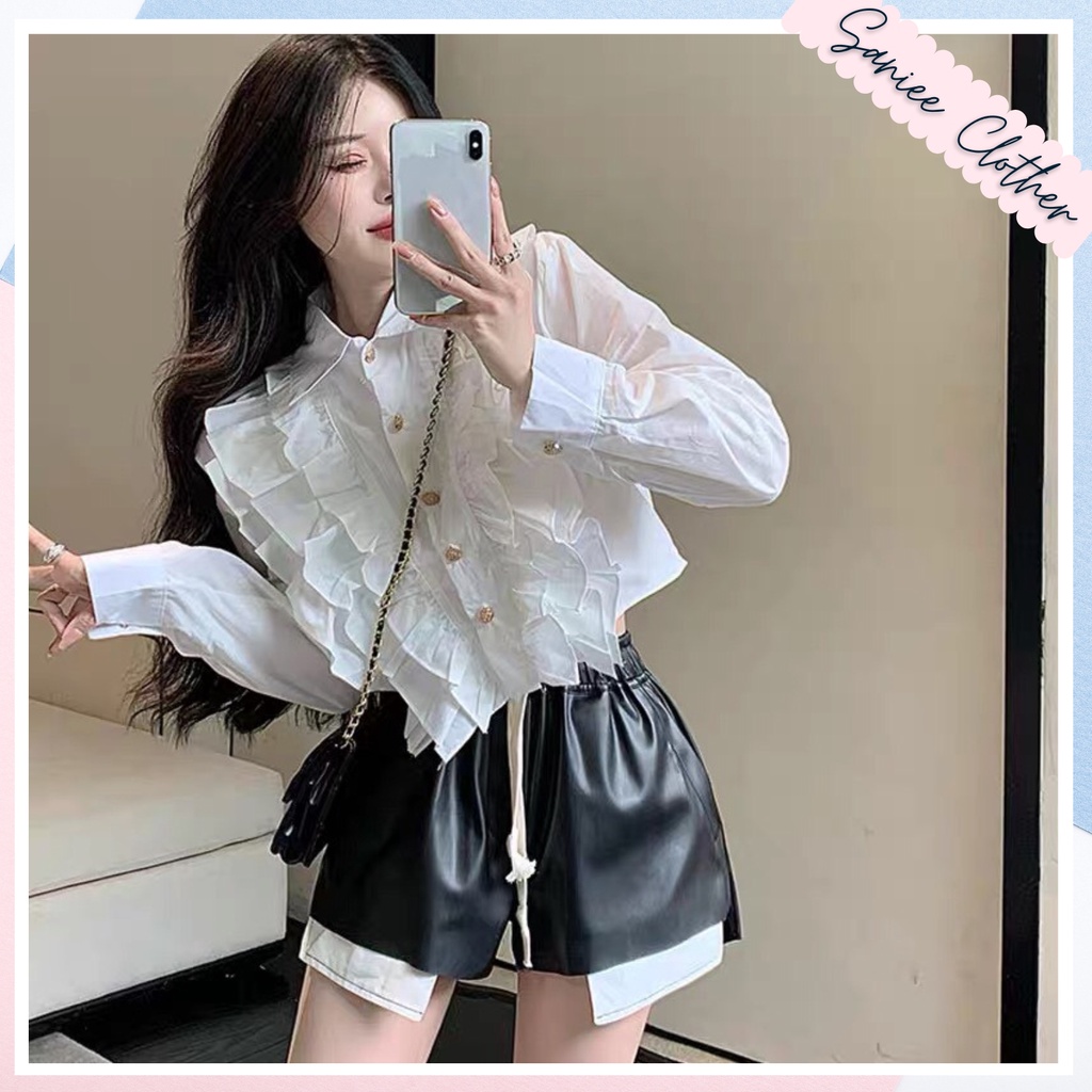 Áo sơ mi tay dài dáng ngắn áo sơmi bèo ngực dáng lửng khuy ngọc siêu xinh SanieeClothes