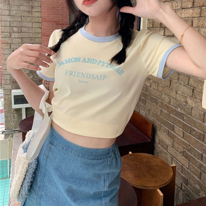 IELGY Áo Thun Cổ Tròn In Họa Tiết Màu Sắc Tương Phản Thời Trang Cho Nữ