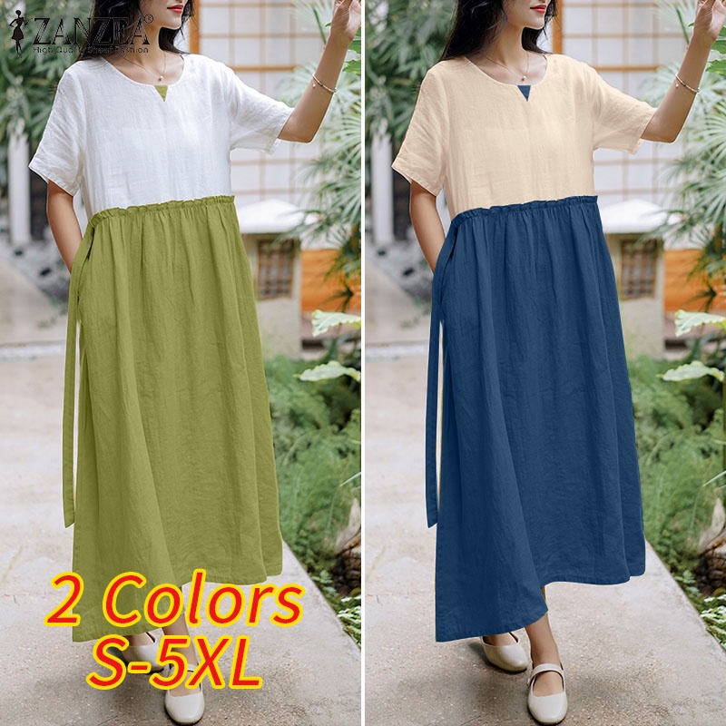 Đầm nữ ZANZEA tay ngắn cổ tròn có túi thời trang