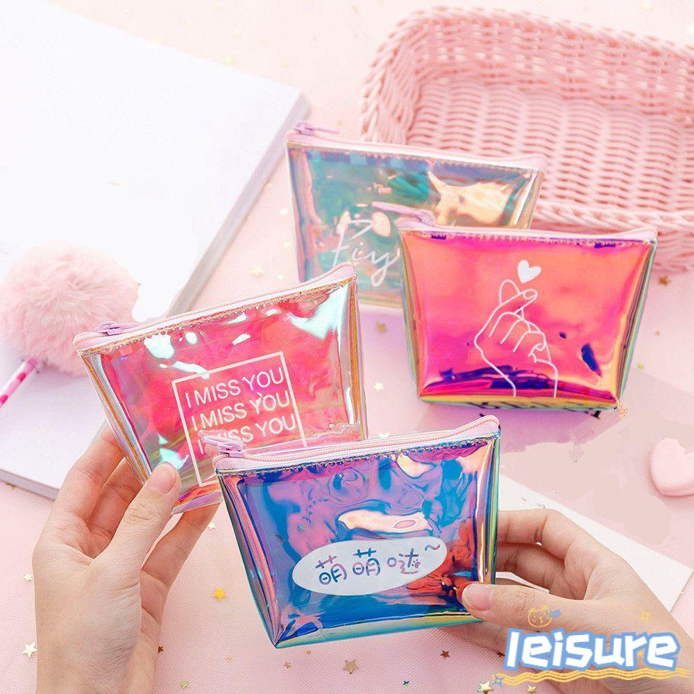 Ví đựng tiền xu mini bằng pvc trong suốt có khóa kéo hiệu ứng laser nhiều màu thời trang cho nữ