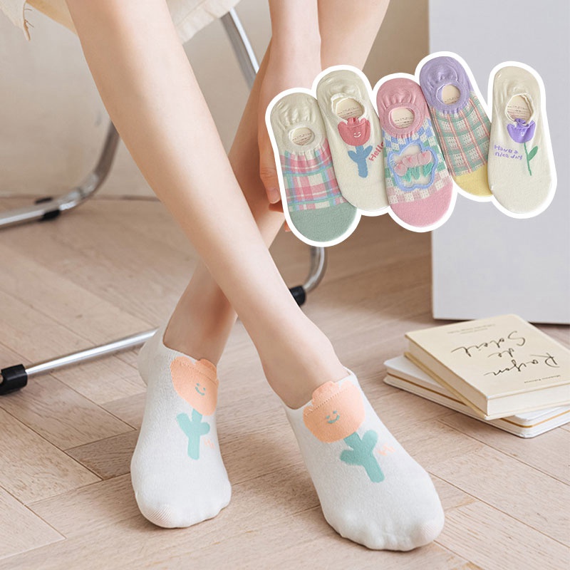 Tất Cổ Thấp Chống Trượt Họa Tiết Hoa Tulip Dễ Thương Cho Bé Gái