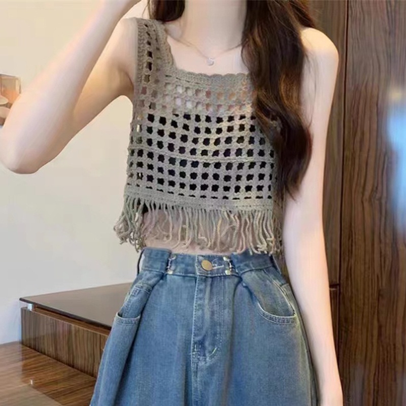 Áo Croptop Dệt Kim Không Tay Viền Tua Rua Thời Trang Cho Nữ