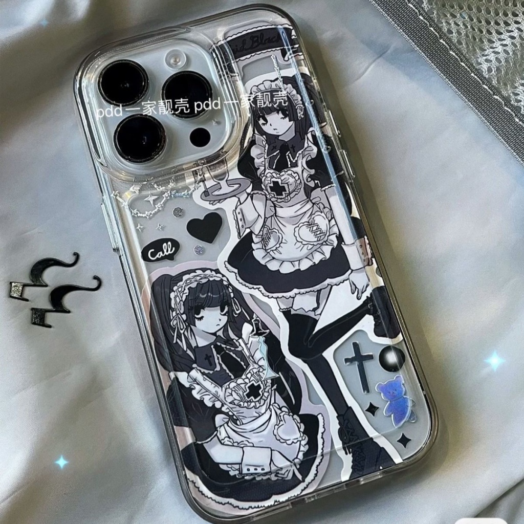 Ốp Điện Thoại Mềm Chống Rơi Họa Tiết Hoạt Hình Màu Trắng Đen Cho Iphone 14promax 13 13promax 12 11 7 8 6splus