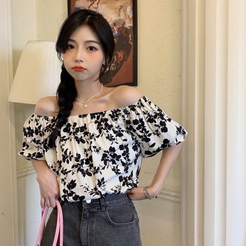 IELGY    Áo Sơ Mi Tay Ngắn Dáng Rộng Họa Tiết Hoa Phong Cách Hàn Quốc Cho Nữ