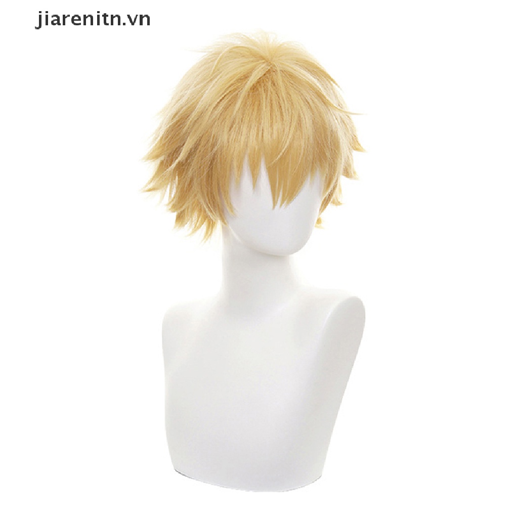 Jiarenitn Chain Man Denji Cosplay Costume Wig Mens Anime Halloween Golden Short Hair vn