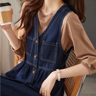 Đầm Yếm Denim Hai Dây Dáng Dài Vừa Vặn Che Bụng Phong Cách Retro Thời Trang Mùa Xuân 2023 Mới