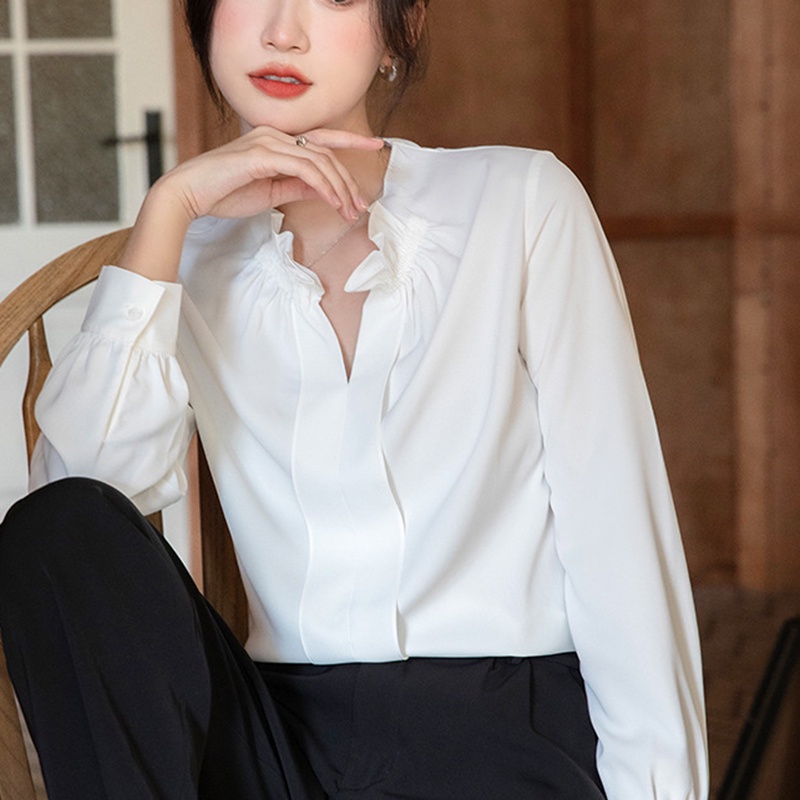 IELGY    Áo Sơ Mi Cổ Chữ v Viền Bèo Nhún Màu Trơn Phong Cách Pháp Thanh Lịch Cho Nữ